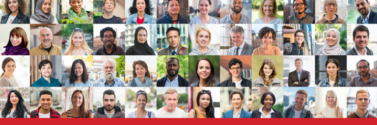 square images in rows and columns of people looking and smiling at camera