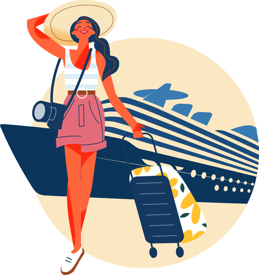 woman with camera in front of a cruise ship