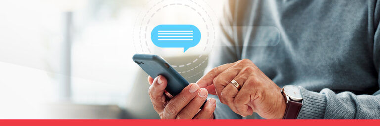 Older person texting on mobile phone with text blurb