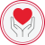 Hands holding up a red heart within a white circle with a double red outline.