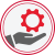Red outlined gear icon beling held up by gray hands in a white circle in a double red outline.